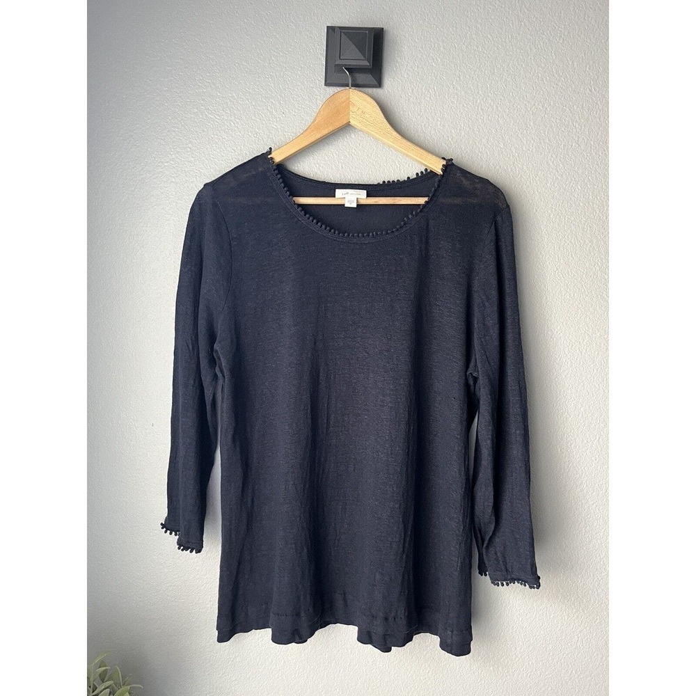 J Jill Love Linen Tunic Top Medium Navy Blue Fringed Neckline/sleeve 3/4 Sleeve